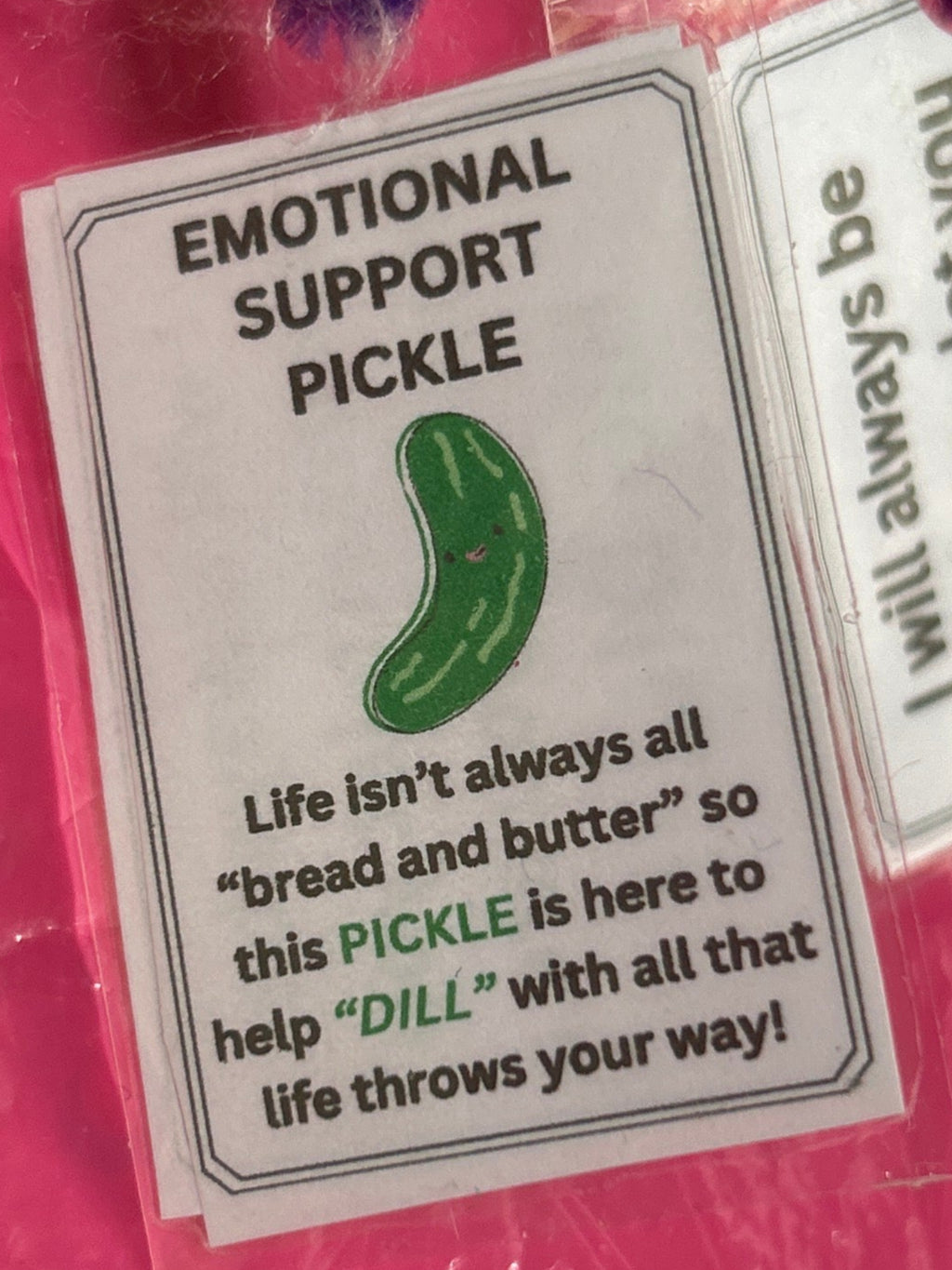 Plush pickle toy with emotional support label on a pink background