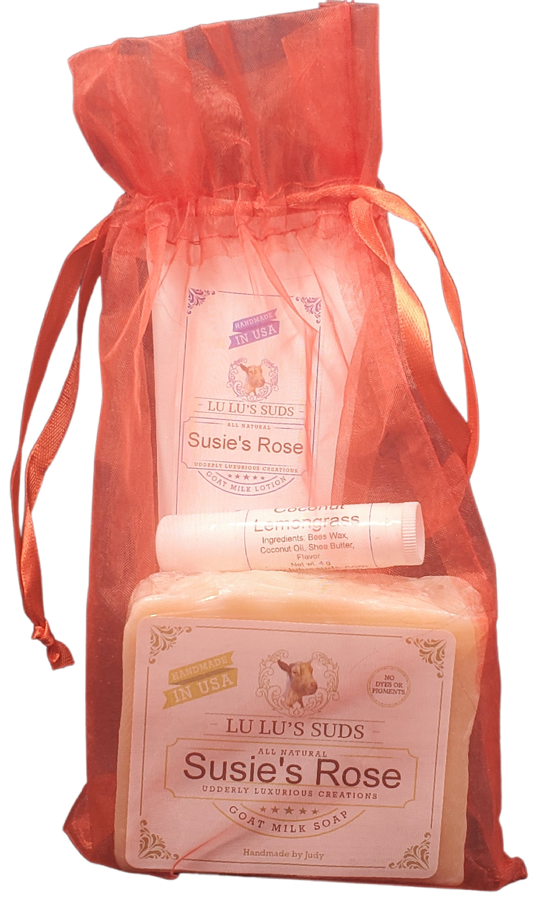 Two products labeled 'Susie's Rose' in a red drawstring bag on a white background