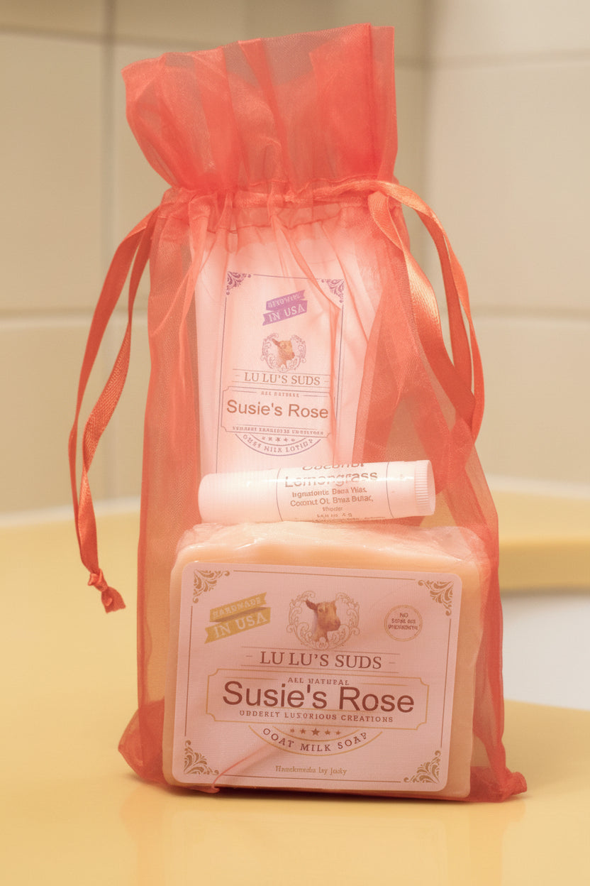 Two products labeled 'Susie's Rose' in a red drawstring bag on a white background