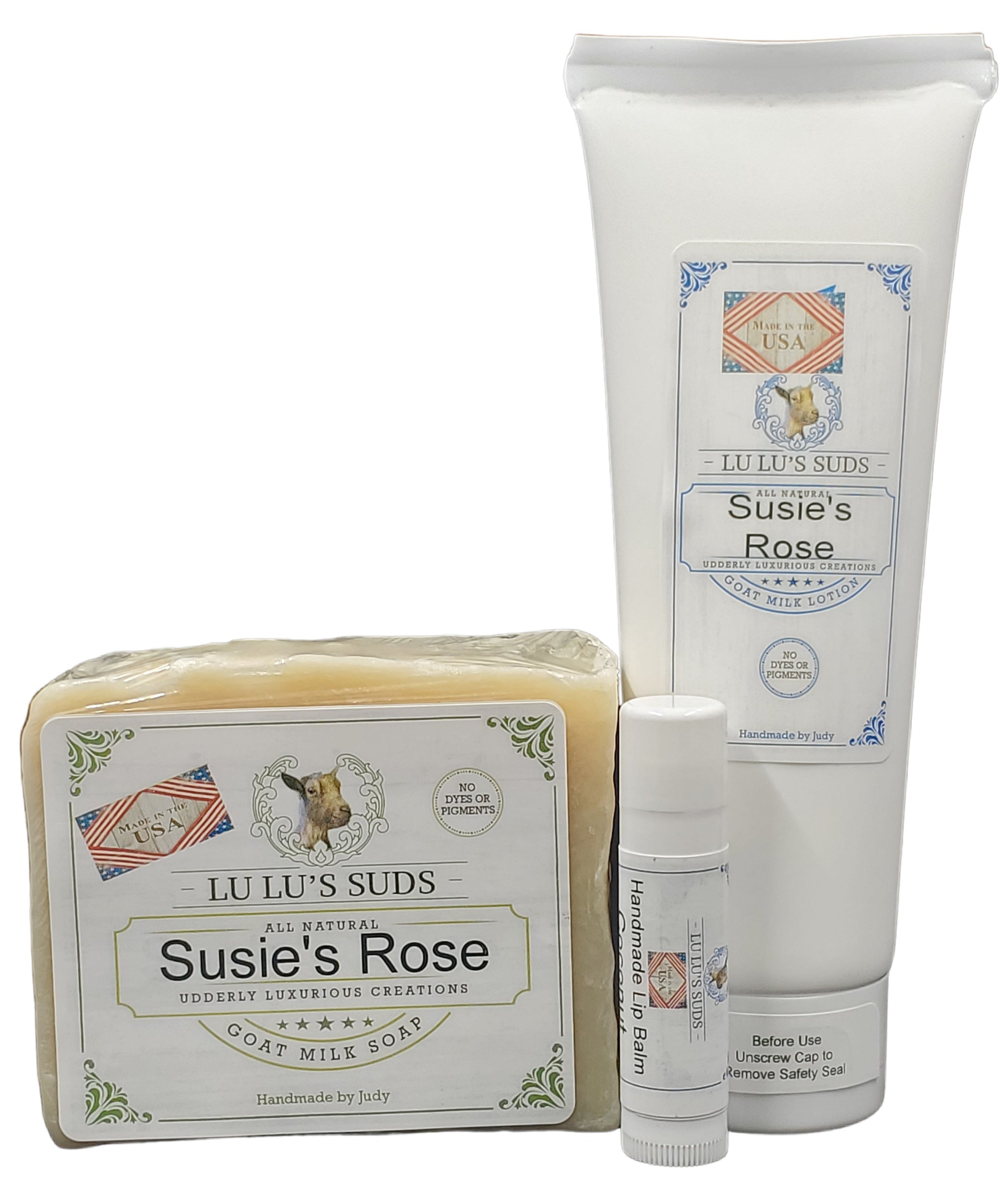Set of Susie's Rose products including soap, lotion, and cream on a white background
