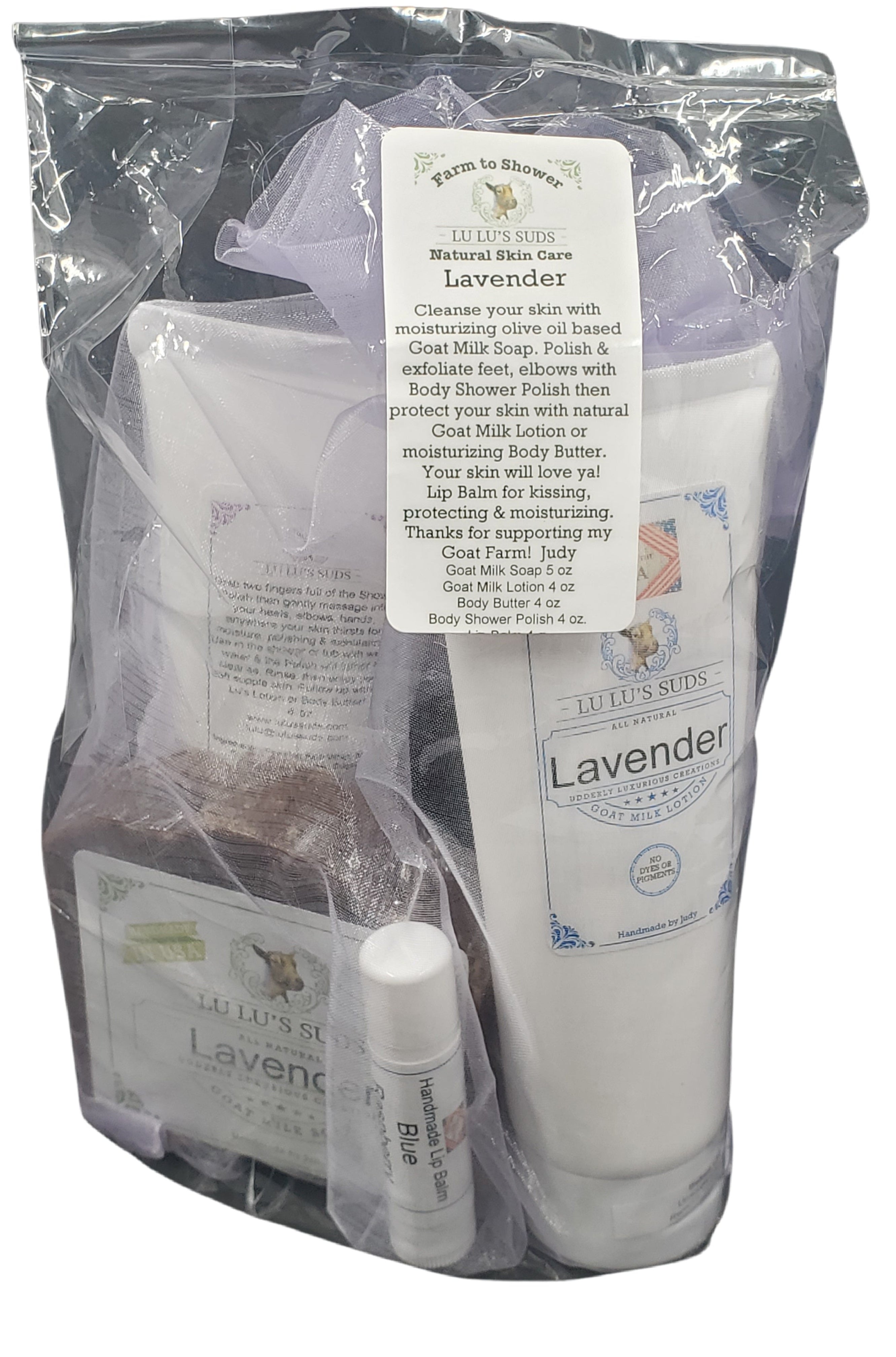 Packaged lavender skincare products with labels on a white background