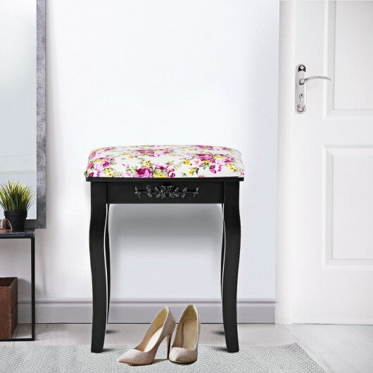 Vanity Wood Dressing Stool Padded Piano Seat with Rose Cushion-White