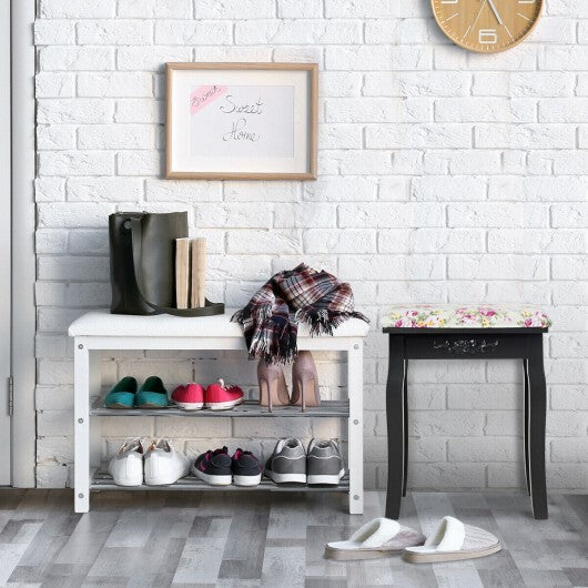Vanity Wood Dressing Stool Padded Piano Seat with Rose Cushion-White