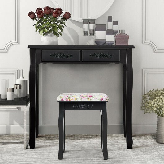 Vanity Wood Dressing Stool Padded Piano Seat with Rose Cushion-White
