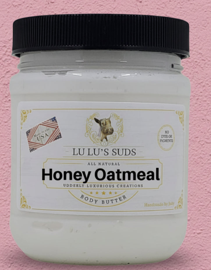 Jar of Lu Lu's Suds Honey Oatmeal body butter on a white background