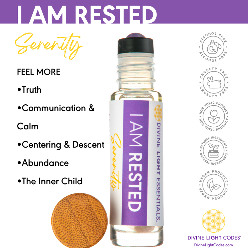 Roll-on bottle labeled 'I AM RESTED' with a purple label and black cap on a white background.
