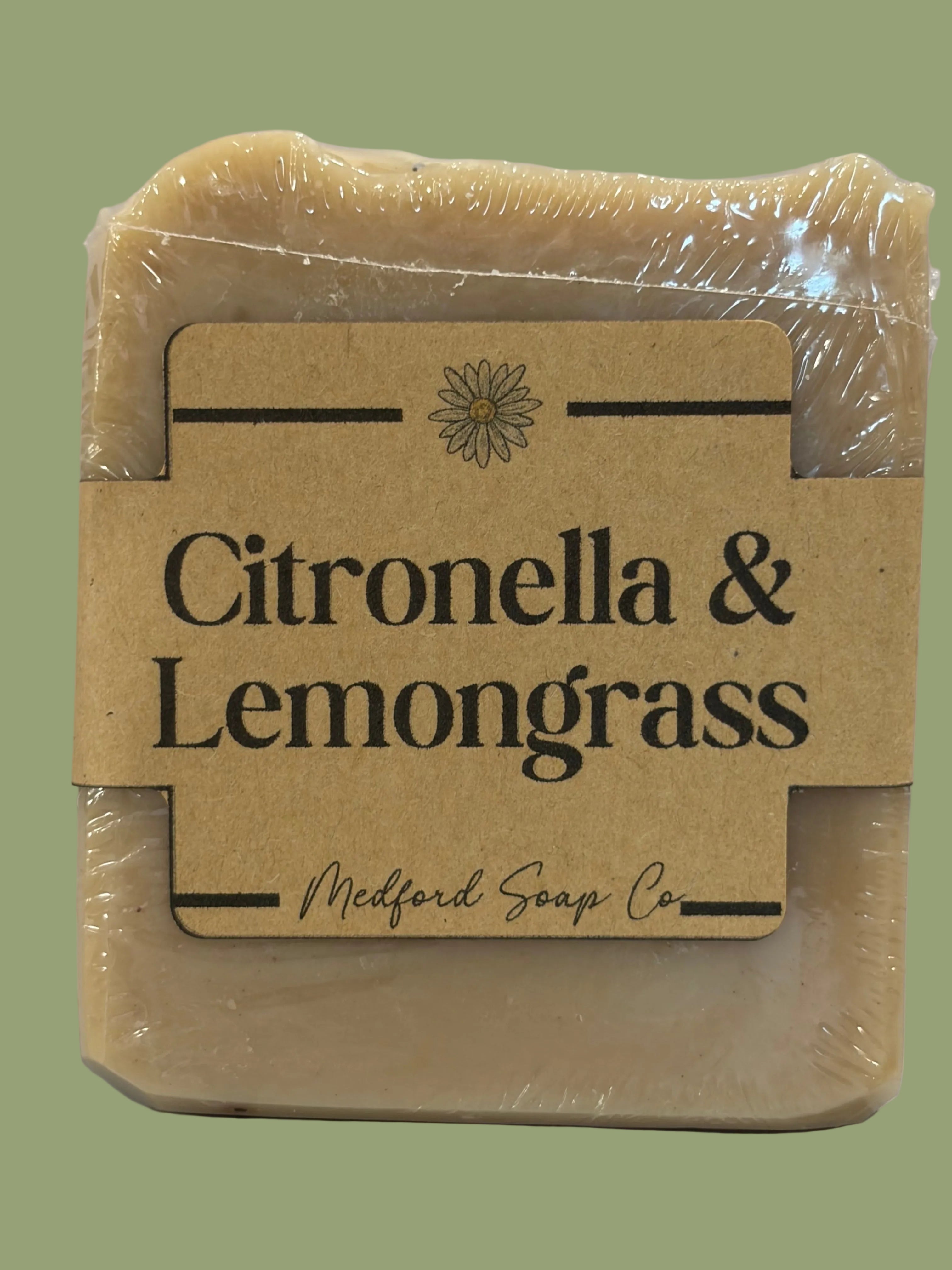 Bar of soap with a 'Citronella & Lemongrass' label on a neutral background