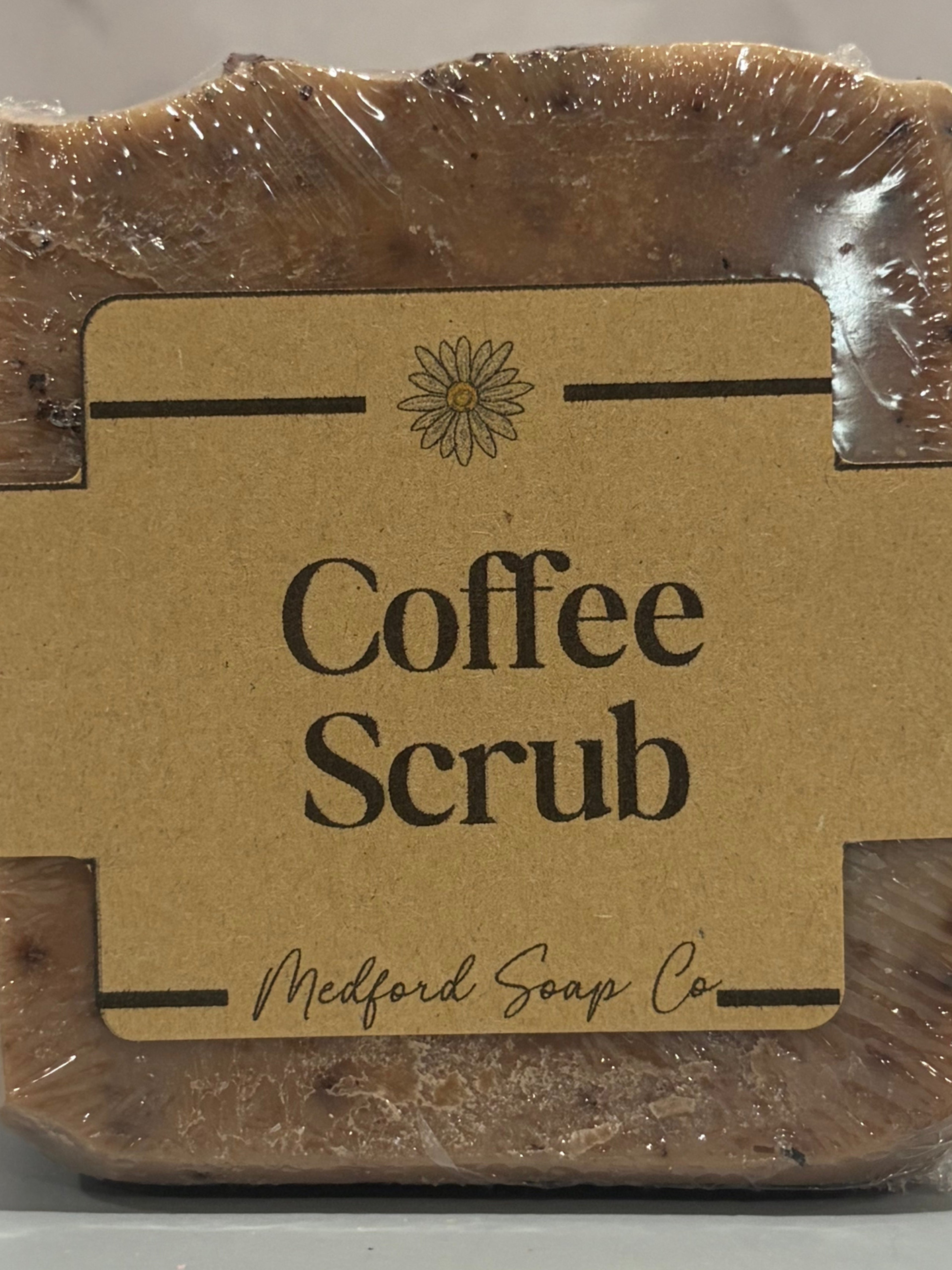 Coffee scrub bar with a label on a gray background