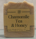 Bar of soap labeled 'Chamomile Tea & Honey' by Medford Soap Co on a neutral background