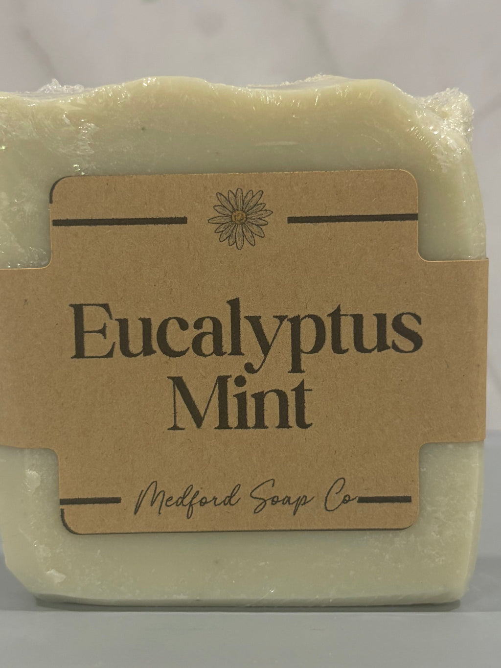 Bar of soap with 'Eucalyptus Mint' label on a marble background