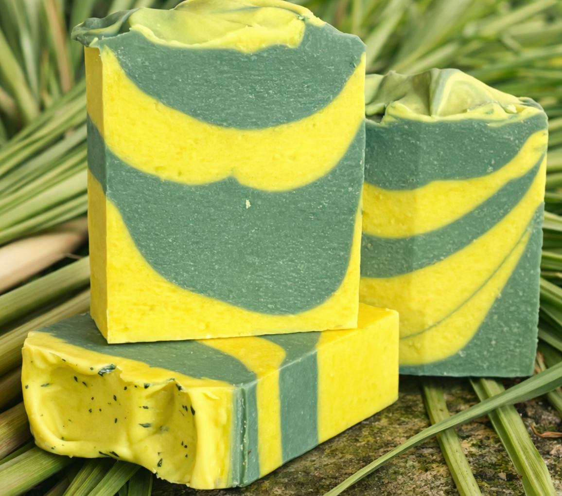 Three green and yellow striped sponges on a bed of green leaves