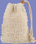 Beige mesh drawstring bag with wooden handle on a white background