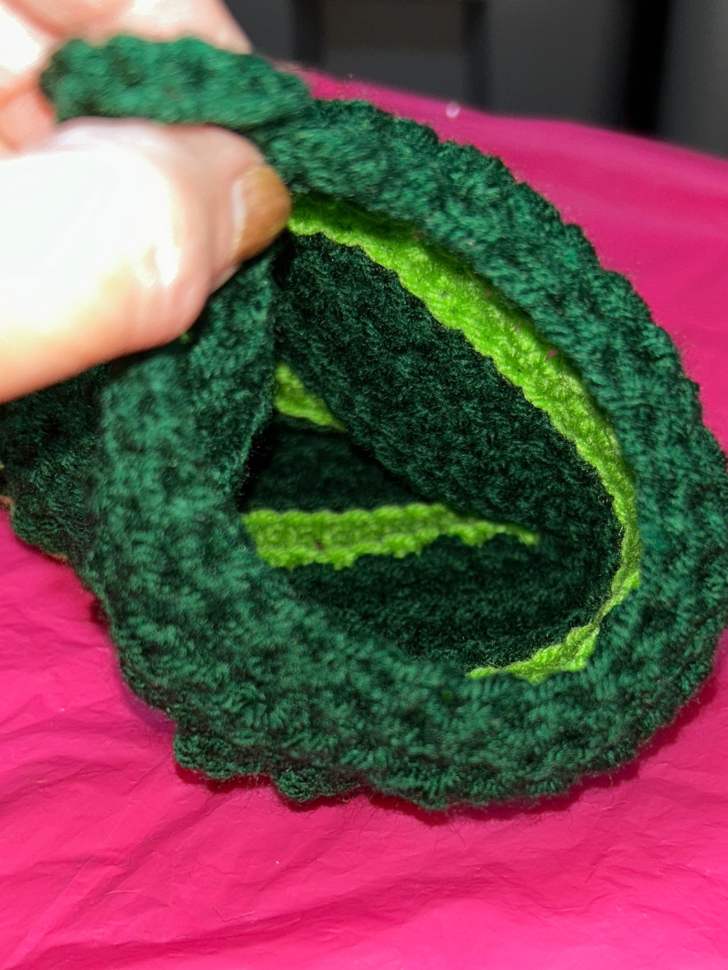 Green textured object held in front of a pink plastic bag
