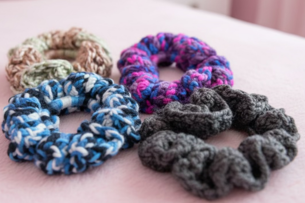 Four colorful scrunchies on a textured gold surface