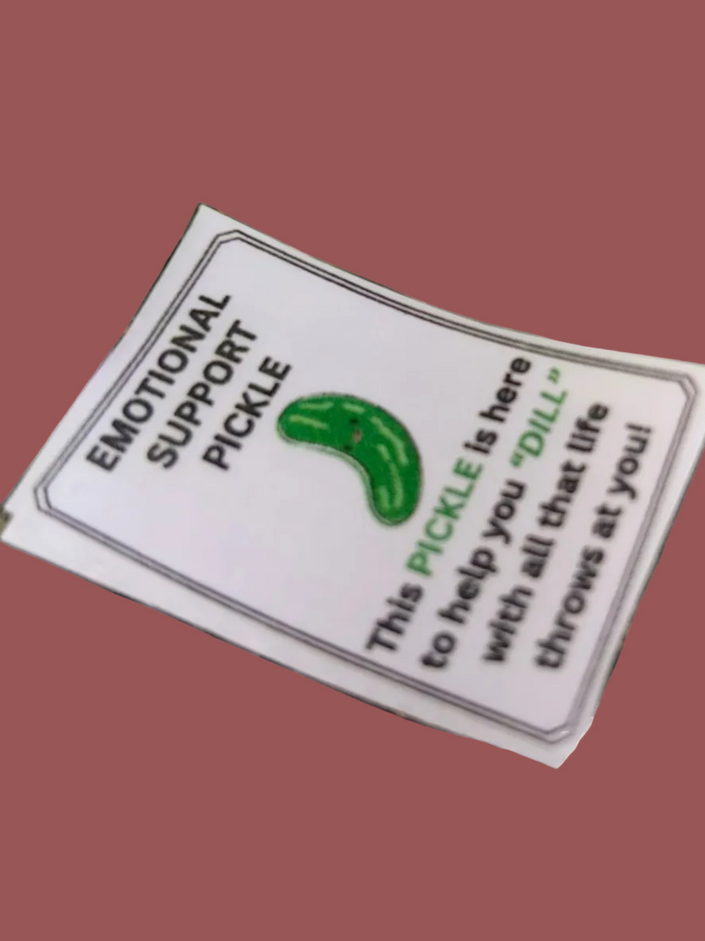 Emotional Support Pickle plush toy with a label on a textured gold surface