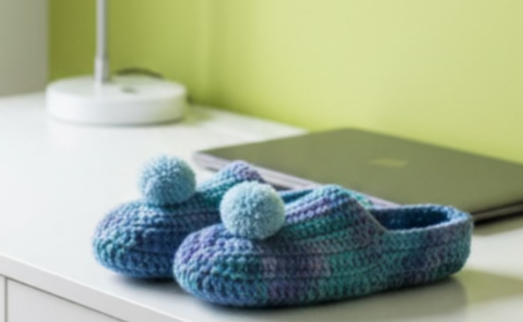 Pair of blue and green crocheted slippers on a reflective surface.