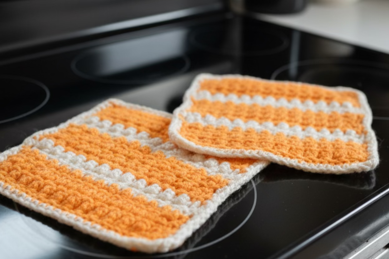 2 Handmade Crocheted Potholders in orange & white stripe.