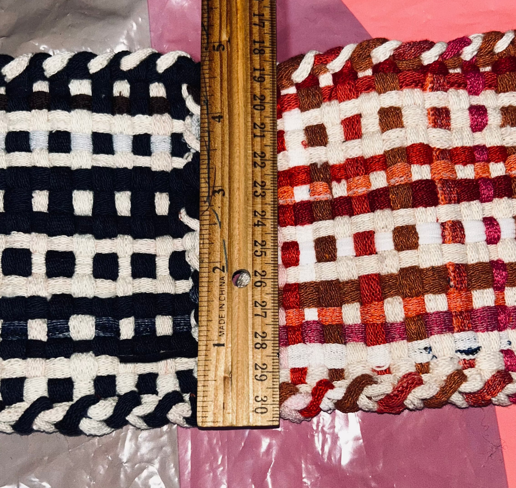 2 Small Handmade Woven Potholders in Red, White & Black.