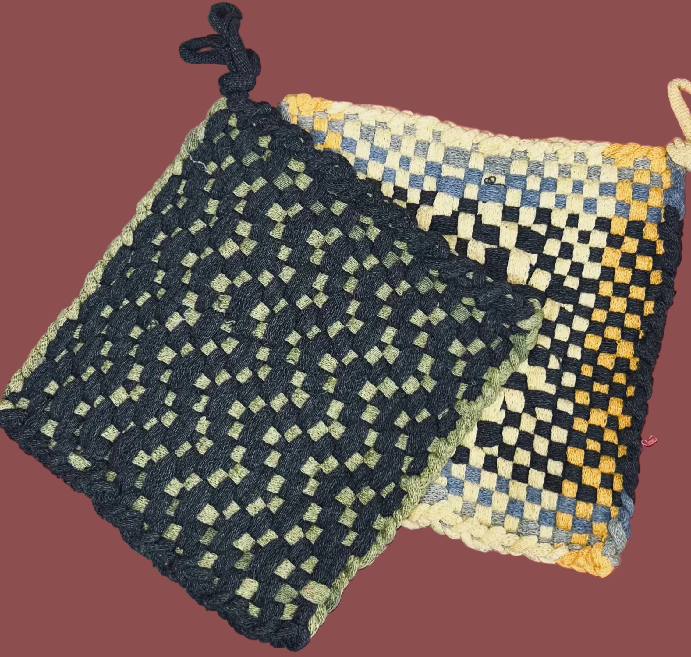 2 Handcrafted Woven Potholders or Hot Mats.