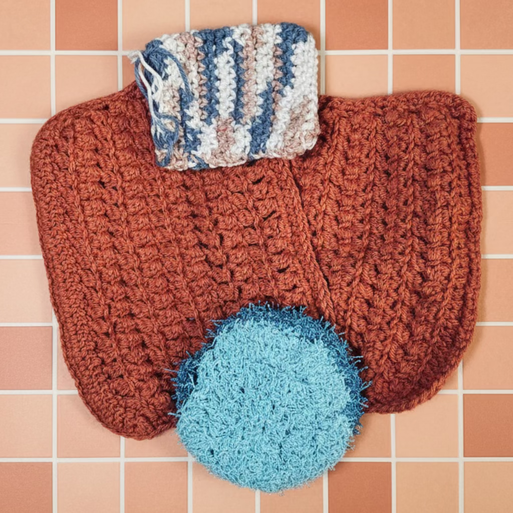 crocheted orange dishcloths with a blue scrubber