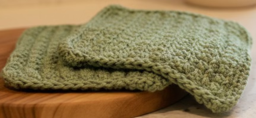 Green knitted dishcloth on a wooden cutting board with a blurred background