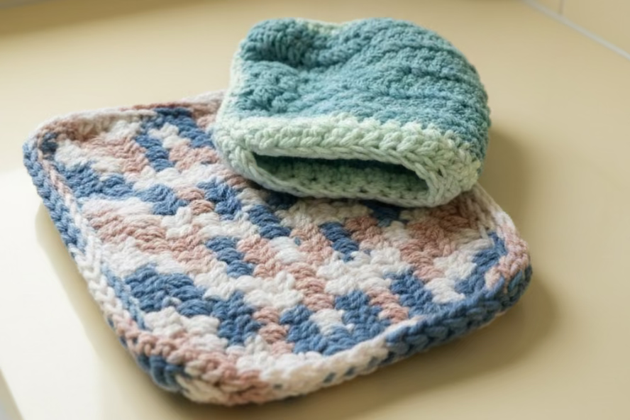 Two crocheted dishcloths, one patterned and one solid blue, on a metallic surface.