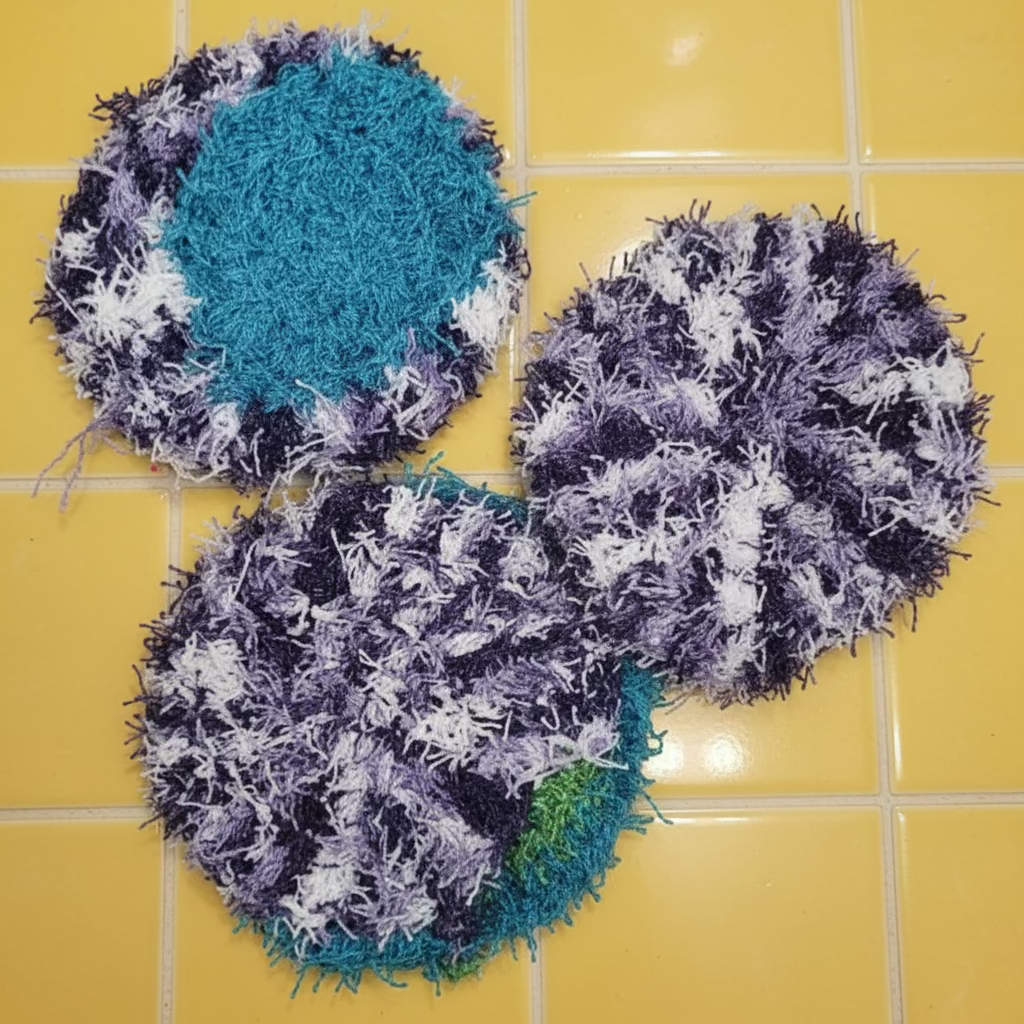 Blue and white textured objects on a metallic surface