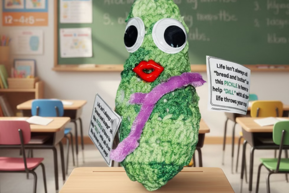 Green knitted pickle with googly eyes and a red mouth on a textured metallic background