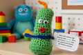 Green knitted pickle with googly eyes and a red mouth on a metallic surface, accompanied by a tag.