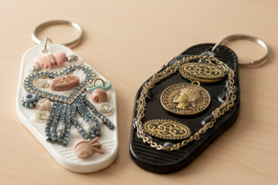 Two decorative keychains on a textured metallic surface
