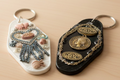 Two decorative keychains on a textured metallic surface