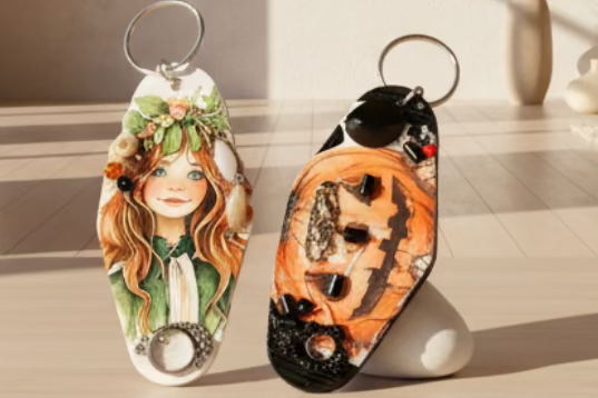 Two decorative keychains on a textured metal surface