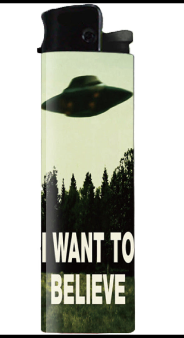 Lighter with a UFO design and 'I Want to Believe' text on a white background