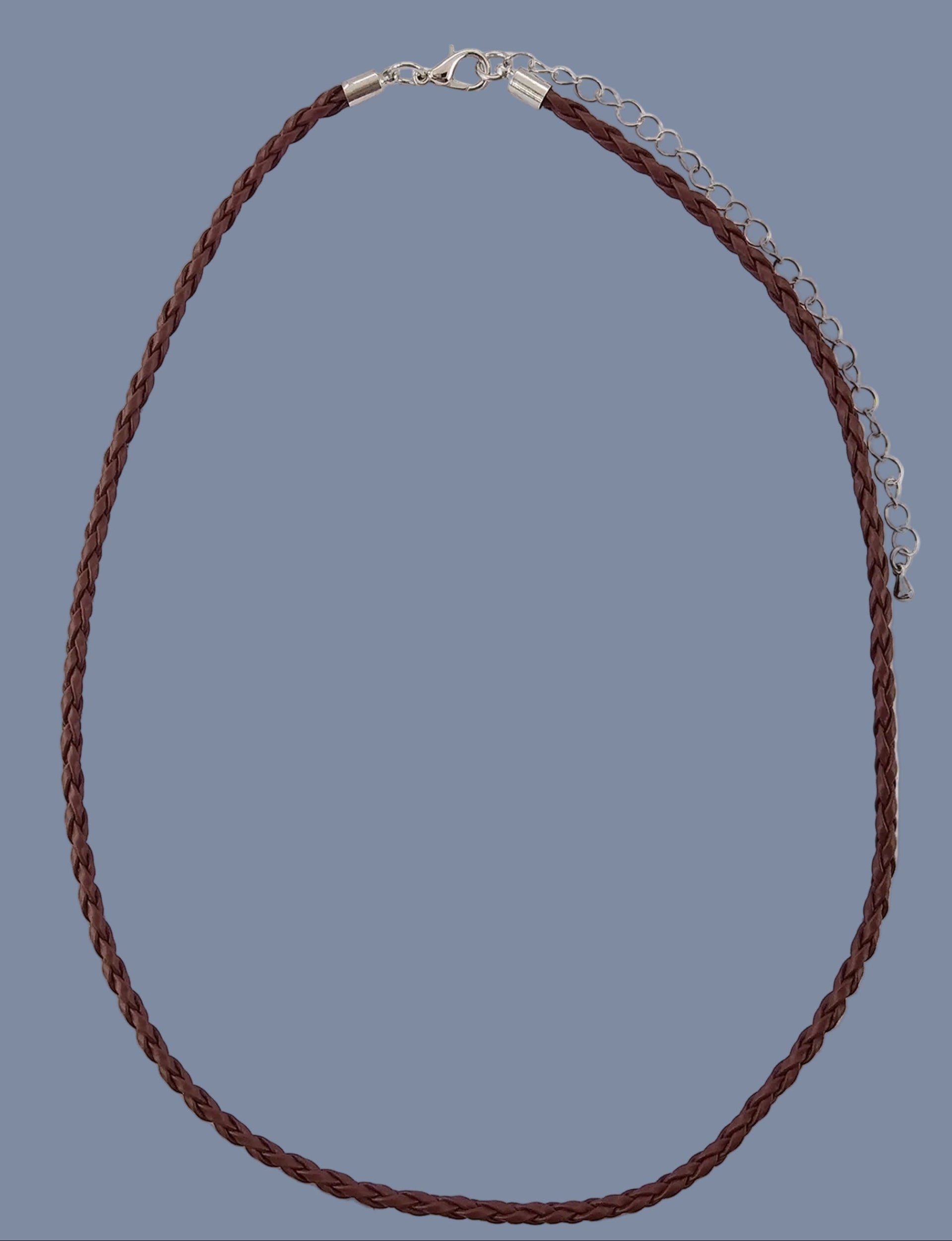 Brown braided necklace with silver clasp on a white background