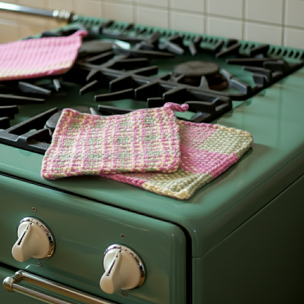 2 handmade woven potholders in pink, green & yellow.