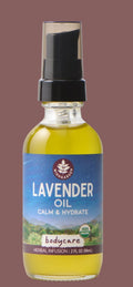 Bottle of lavender oil with a blue label on a white background