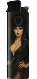 Lighter with a graphic design of a character in a black dress on a white background