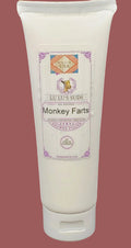 Tube of 'Monkey Farts' shower jelly with a label on a white background