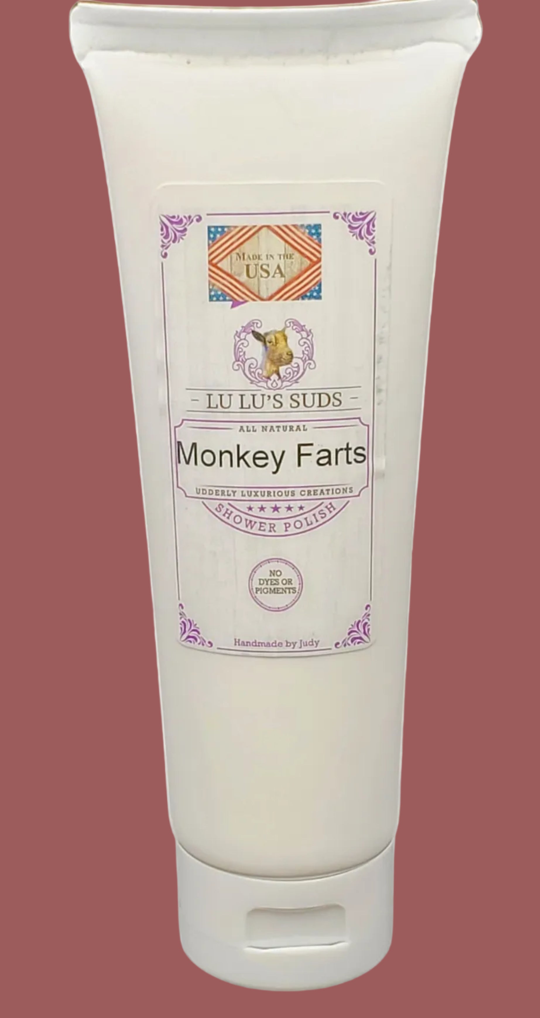 Tube of 'Monkey Farts' shower jelly with a label on a white background