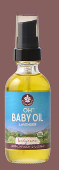 Bottle of Oh Baby Oil Lavender on a white background