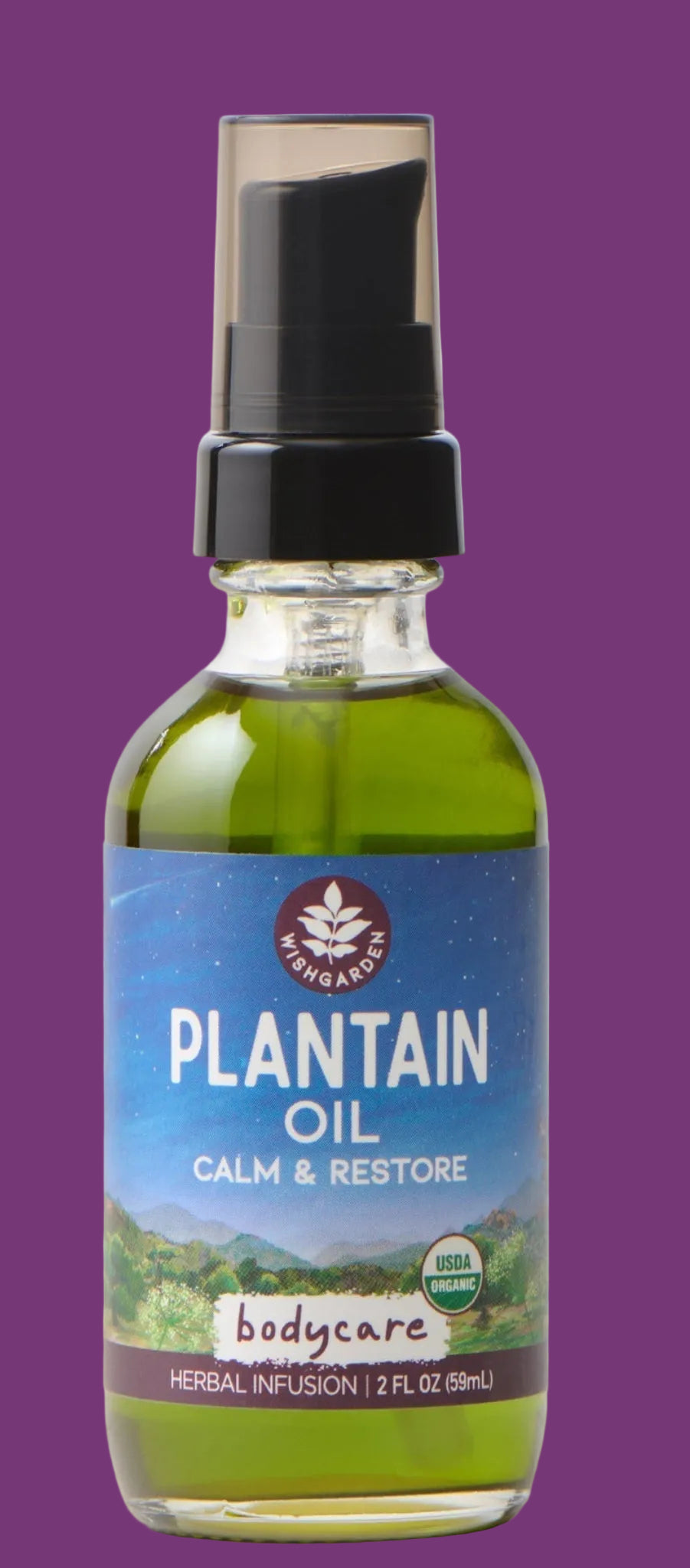 Bottle of plantain oil with a blue label on a white background