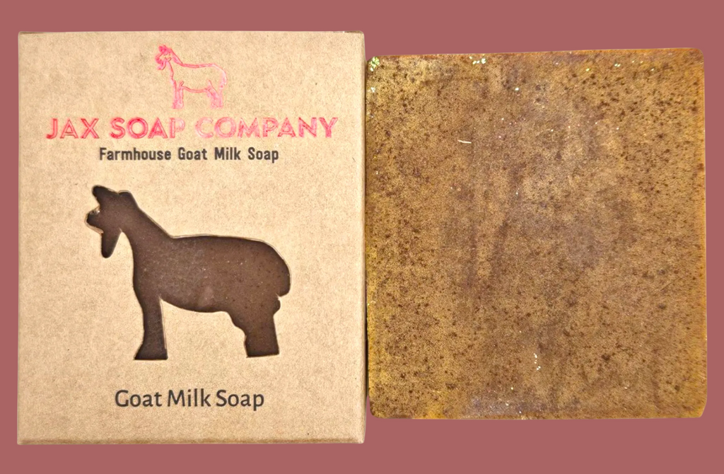 Goat milk soap bar with Jax Soap Company packaging on a white background