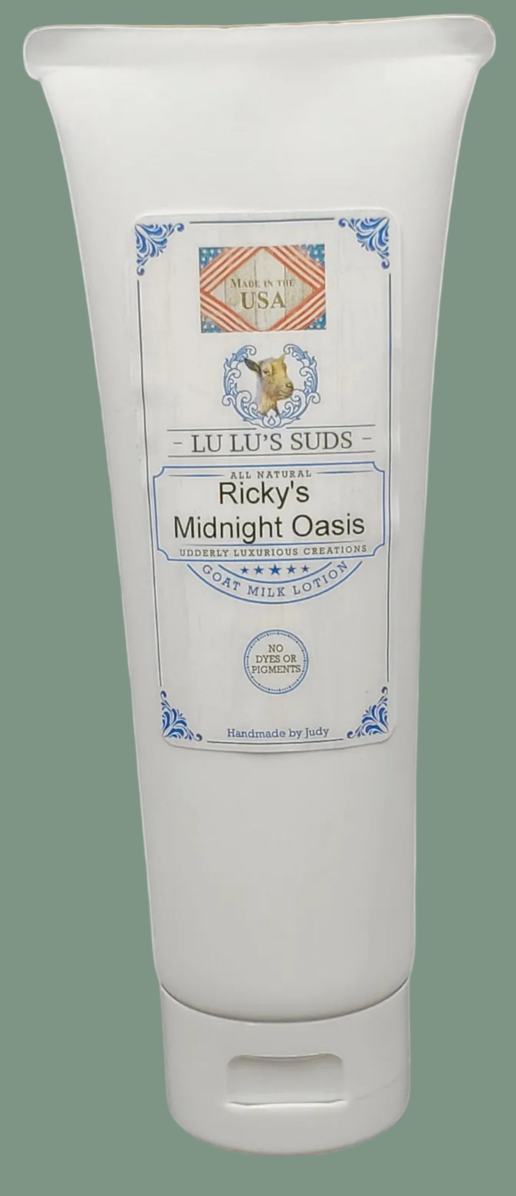 Tube of 'Ricky's Midnight Oasis' body wash by Lilti's Suds on a white background
