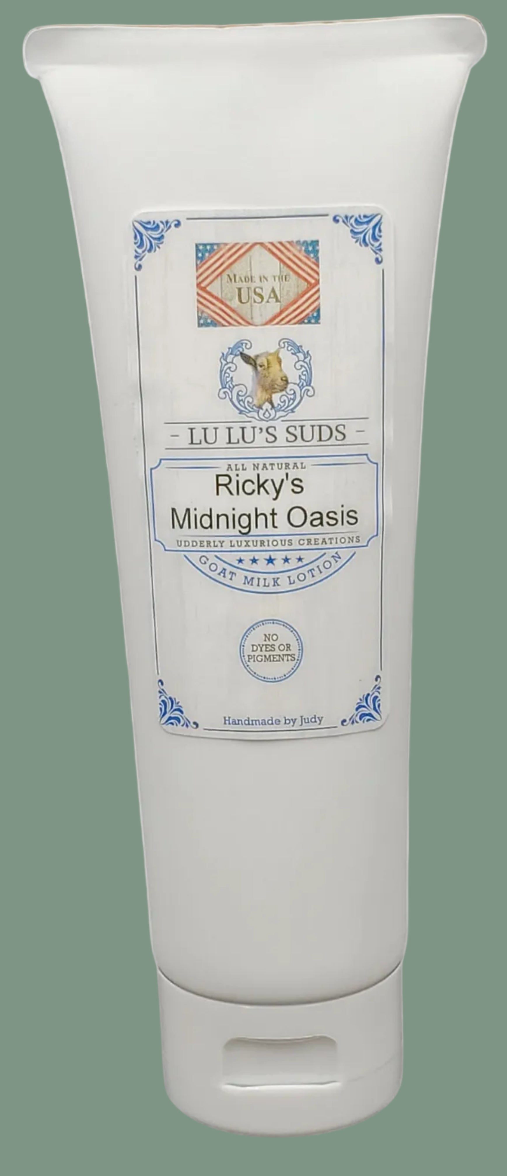 Tube of 'Ricky's Midnight Oasis' body wash by Lilti's Suds on a white background
