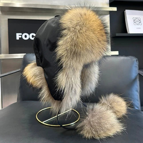 2025 100% Real Fox Fur Hats Women's Russian Ushanka Aviator Trapper Snow Skiing Hat Caps Earflap Winter Raccoon Fur Bomber Hat