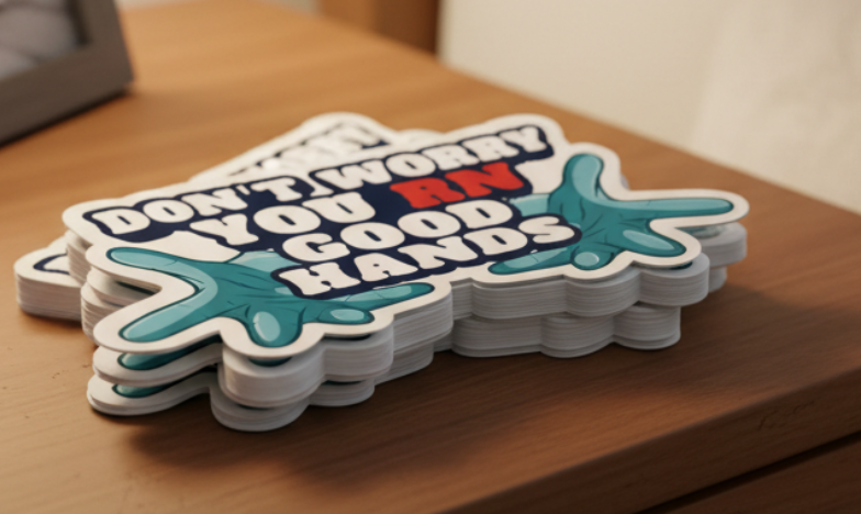 Sticker with text 'DON'T WORRY YOU RN GOOD HANDS' on a white background