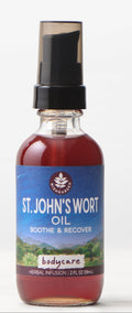 Bottle of St. John's Wort oil with a blue label on a white background