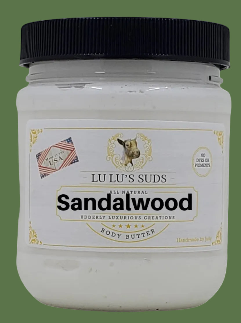 Jar of Lu Lu's Suds Sandalwood body butter on a white background