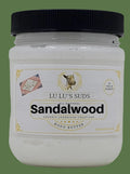 Jar of Lu Lu's Suds Sandalwood body butter on a white background