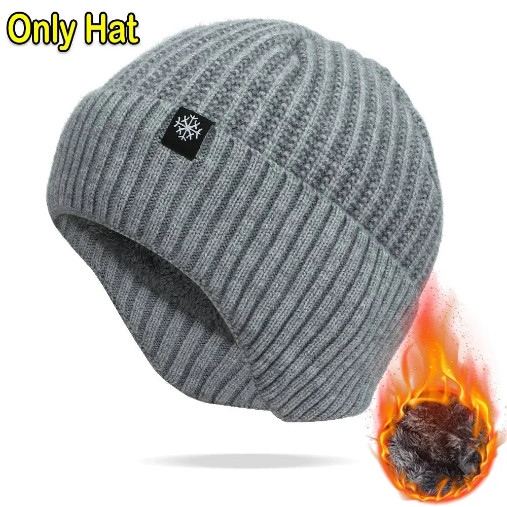 Outdoor Men Winter Knitted Hat Plush Warmth Peaked Cap Earmuff Casual Fashion Faux Fur Lined Bomber Hats Cycling Ear Protection